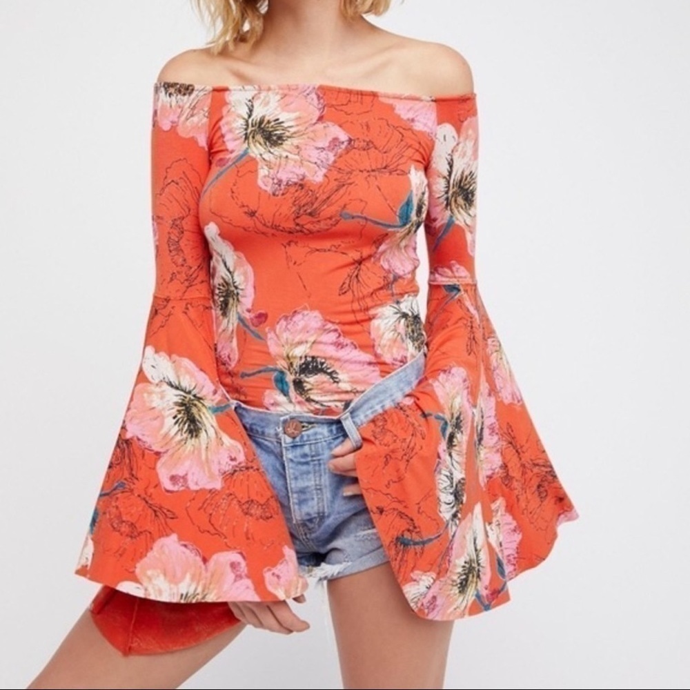 Free People Strapless Birds Of Paradise Coral Orange Floral Top Bell Sleeve